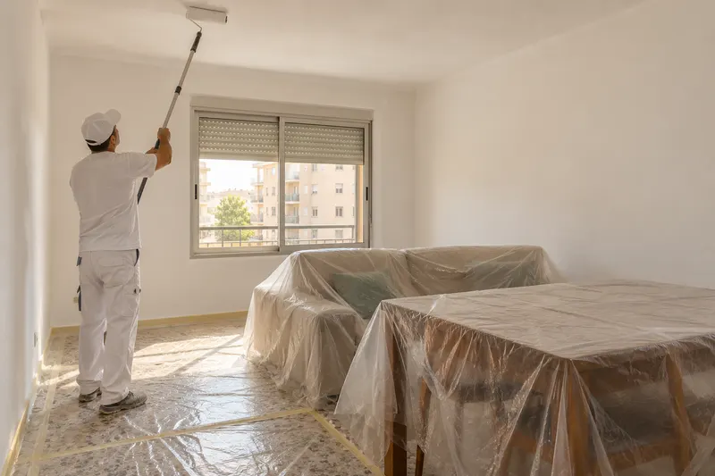Pintar piso en Elda: pintor pintando el techo de un salón con el suelo de terrazo protegido