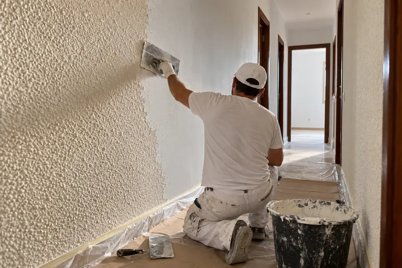 Quitar gotelé en Elda: pasillo de un piso a medio alisar, gotelé delante y pared lisa al fondo