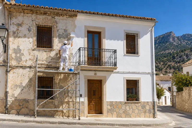 Pintar fachada en Elda: pintor en andamio pintando de blanco una casa con balcón de forja