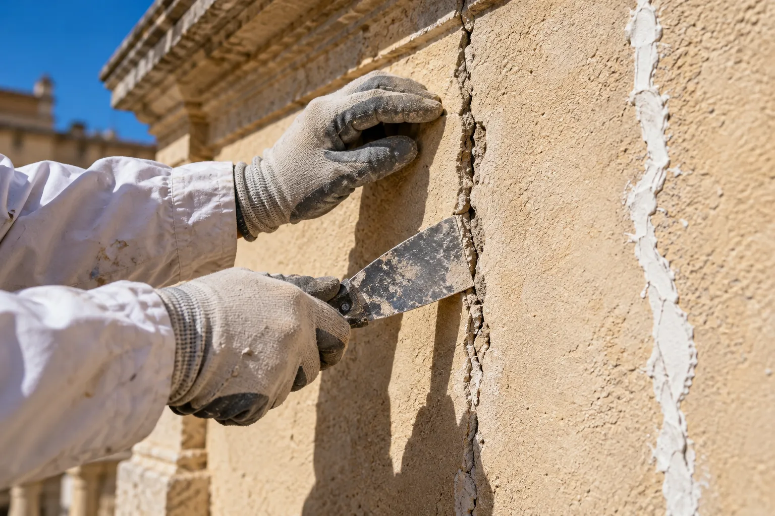 Reparación de grietas antes de pintar la fachada en Elda: fisura abierta para rellenarla
