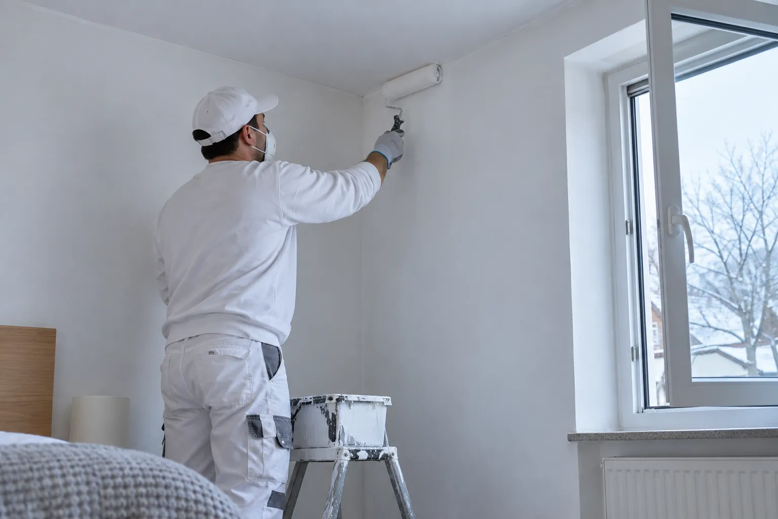 Pintura antimoho en Elda: pintor tratando la esquina del techo de un dormitorio