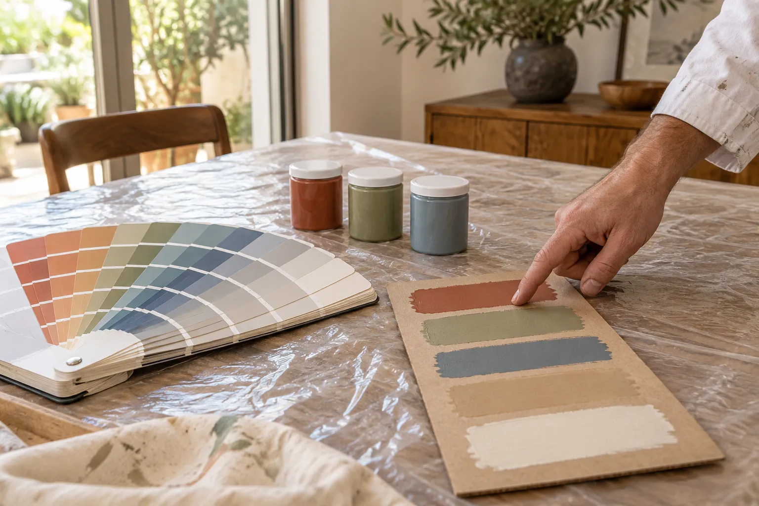 Asesoramiento de color para pintura decorativa en Elda: abanico de colores y muestras pintadas